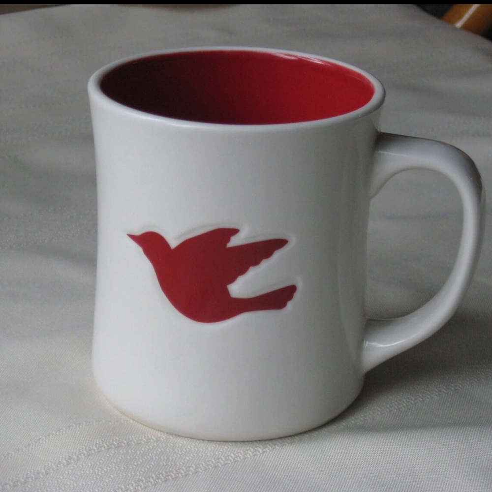 Starbucks 2008 Christmas White w/ Red Embossed Peace Dove Bird  Mug, 12 oz